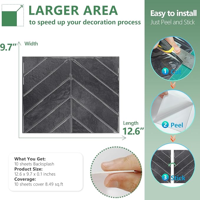 STICKGOO Herringbone Peel and Stick Backsplash, Shiny Black, 10 Sheets | 12.6 x 9.7 in, Thicker Rectangular Vinyl Stick-On Wall Tiles, Easy Alignment, Waterproof, Easy to Clean, Kitchen/Bathroom - Image 6