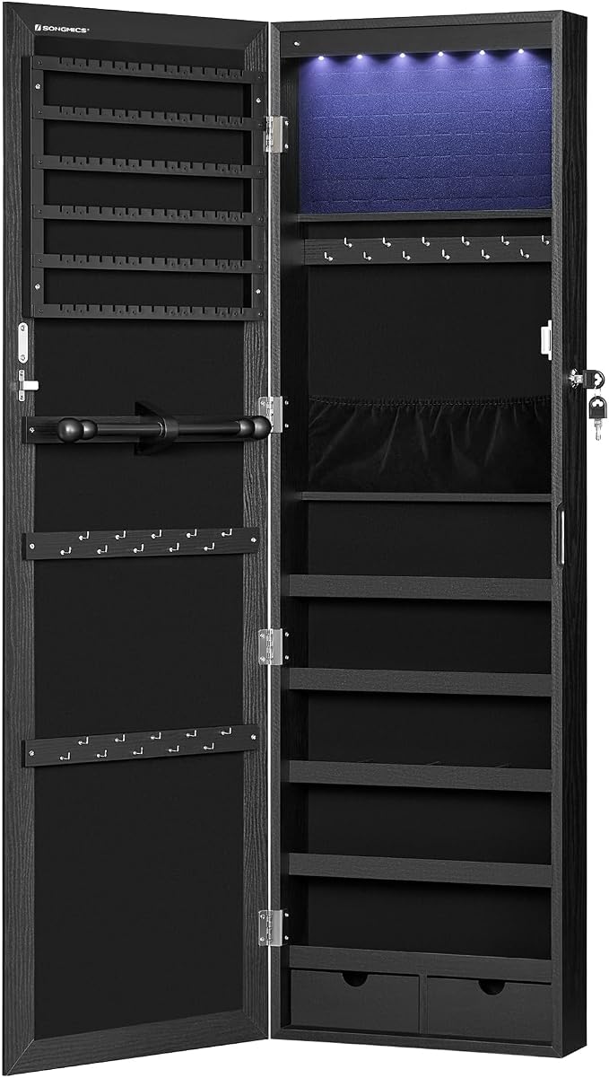 SONGMICS 6 LEDs Mirror Jewelry Cabinet, 47.2-Inch Tall, Lockable - Image 8