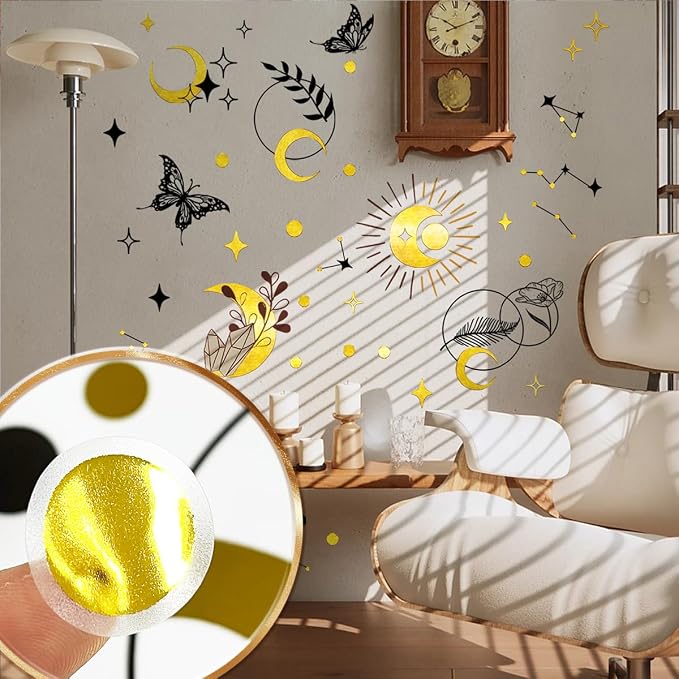 Boho Gold & Black Foil Wall Stickers - Celestial & Butterfly Wall Decor Peel and Stick Removable Art Decals Decorative for Living Room Bedroom,59.9 cm x 63.2 cm - Image 4