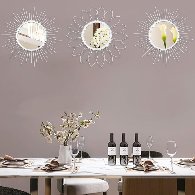3 Pack Metal Mirrors for Wall Sunburst Wall Mirrors Home Décor Decorative Hanging Wall Art for Living Room Bedroom Entryway (Silver, Flower+Sunburst) - Image 5