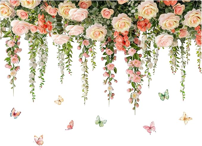 Vivid Roses Wall Stickers, Hanging Vine Floral Wall Decals Butterfly Sticker, Peel and Stick Wallpaper for Baby Nursery Girls Bedroom Living Room Decor by BWCXXZH