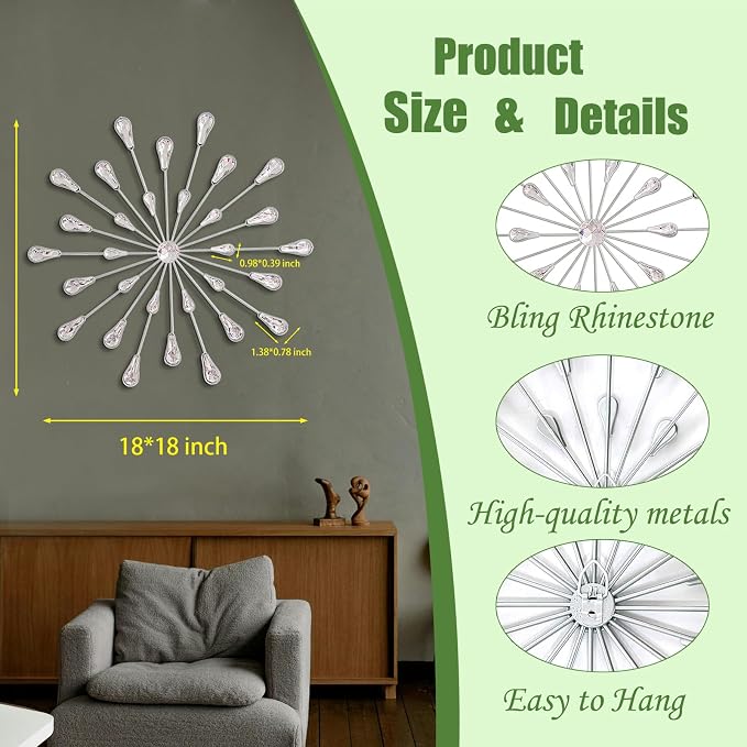 ZEXUIRU 3 Set Silver Starburst Wall Art for Home Decor Metal Bling Crystal Rhinestones Sunburst Wall Decor Sparkling Rhinestone Art Accent Silver - 18in - Image 4