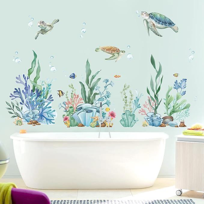 wondever Ocean Seaweed Grass Wall Decals Turtle Under The Sea Wall Stickers | Peel and Stick, Removable, Wall Art Decals, Wall Decoration, Kids Room, Bedroom Baby Nursery Bathroom Playroom Decor - Image 2