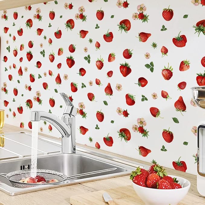 4 Sheets Removable New Strawberry Wall Decal Fresh Fruit Wall Decoration DIY Peel and Stick Wall Art Wallpaper for Bedroom Living Room Kid's Room Nursery Rental House Apartment Decoration - Image 6