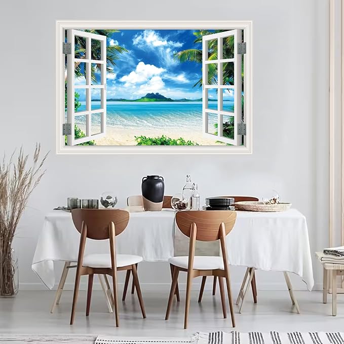 ‌Lmyhome Fake Window Wall Mural Blue Sky Ocean Beach (64"x48") | Peel and Stick Faux Window Wall Sticker Decal Poster for Bedroom Home Decor - Image 8
