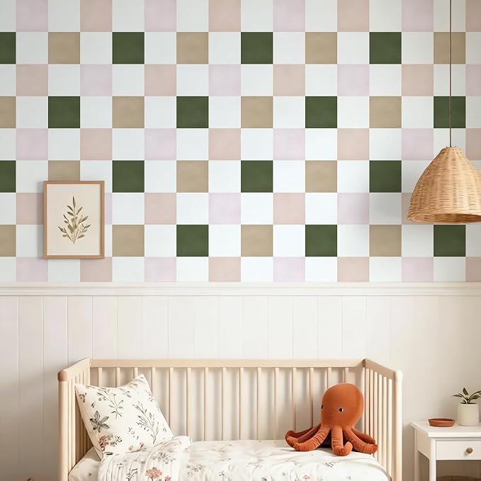 Ismoon Modern Peel and Stick Wallpaper Pink and Green Checkered Contact Paper Removale Self-Adhesive Stick on Wallpaper for Bedroom Bathroom Shlef Cabinet Décor 17.3in x 32.8ft - Image 3