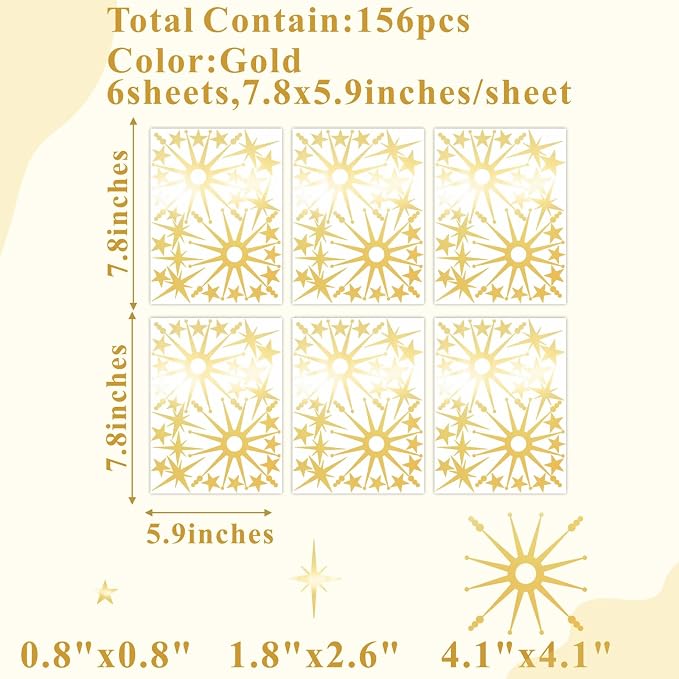 Star Wall Decals MCM Starburst Stickers Golden Mirror Decal Peel and Stick | Celestial decor, sparkle wall stickers, modern mid century decor, removable art mural, for kids bedroom living room farmhouse - Image 4