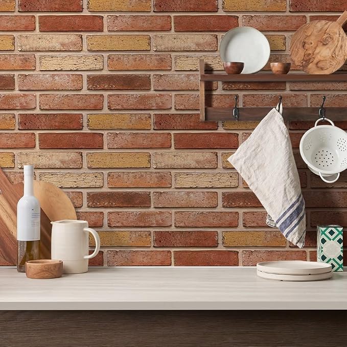 COMSTICKC 3D Faux Brick Wall Panels Peel and Stick Decorative Tiles | 10 Pcs 15.7" x 11.8", Yellow-toned Red, Not Real Brick, Ultra-Light Thin PVC 3D Fake Brick Sticker Wallpaper,Cover 12.9 sq ft - Image 7