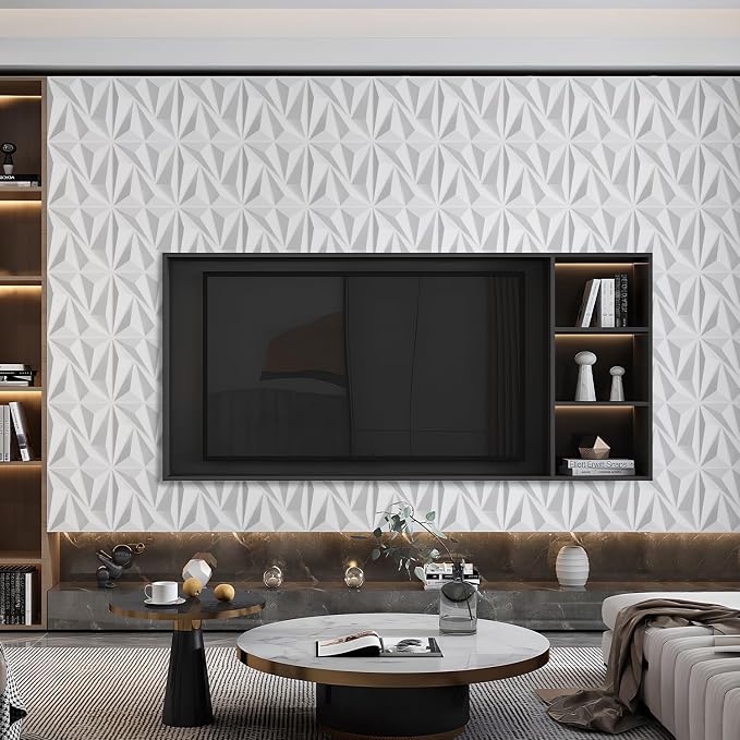 STICKGOO 3D Wall Panels Diamond, White, 12''x12'', 33 Pack | PVC Accent Wall Panels for Interior Wall Decor, Living Room, Bedroom, TV Background, Lobby, Cover 32.Sq.Ft - Image 3