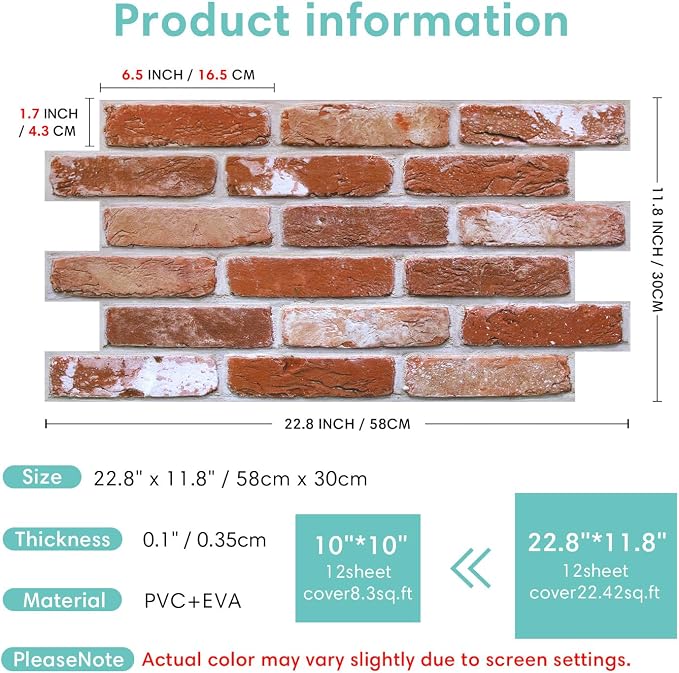 Commomy Faux Brick 3D Wall Panels,Thin UrltraLight PVC 22.8" x 11.8" | Thin UrltraLight PVC Peel and Stick Tile Retro Brick Printable for Bedroom,Living Room,TV Background（Covers 22.48 sq.ft - Image 6