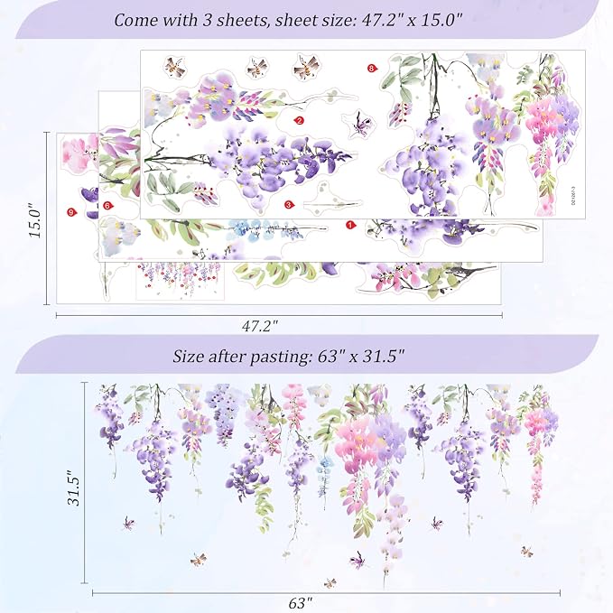 Purple Flowers Wall Decals Peel and Stick, Large Hanging Floral Vinyl Wall Stickers, Removable Vine Home Decor Art for Bedroom Living Room Classroom Office - Image 2