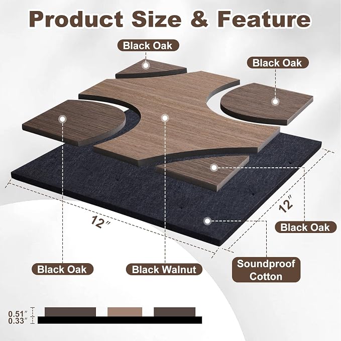 Acoustic Wood Slat Panels, 3D Fluted Wood Panel Sound Absorbing Panel for Bedroom, Office, Interior Decor, 12Pack 11.8"x11.8" (15.5ft²) Soundproof Panels, Bean & Heart Black Oak - Image 3