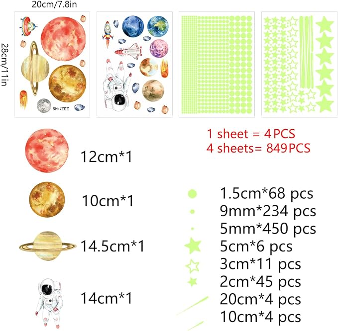 Vancoup 849 PCS Glow in The Dark Space Planet Wall Stickers | Luminous Astronaut Star Comet Peel and Stick PVC Decals for Kids Nursery Bedroom Home Decor - Image 5