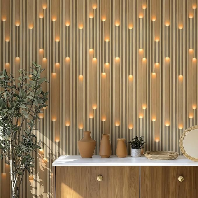 Matte 3D Wood Grating Stripe Peel and Stick Wall Panels,Simulated LED Lighting Wood Slats PE Foam Self-Adhesive Removable Waterproof Renter Friendly Wallpaper for Home Decoration(23.6"x11.8"10PCS) - Image 3