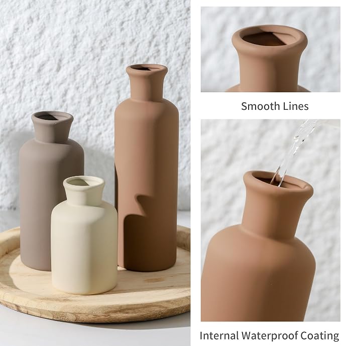 Ceramic Vase Set of 3, Flowers Neutral Modern Vases Home Decor Rustic Farmhouse Decor Pampas Vase for Table Mantel Entryway Shelf Living Room Kitchen Bathroom - Brown - Image 7