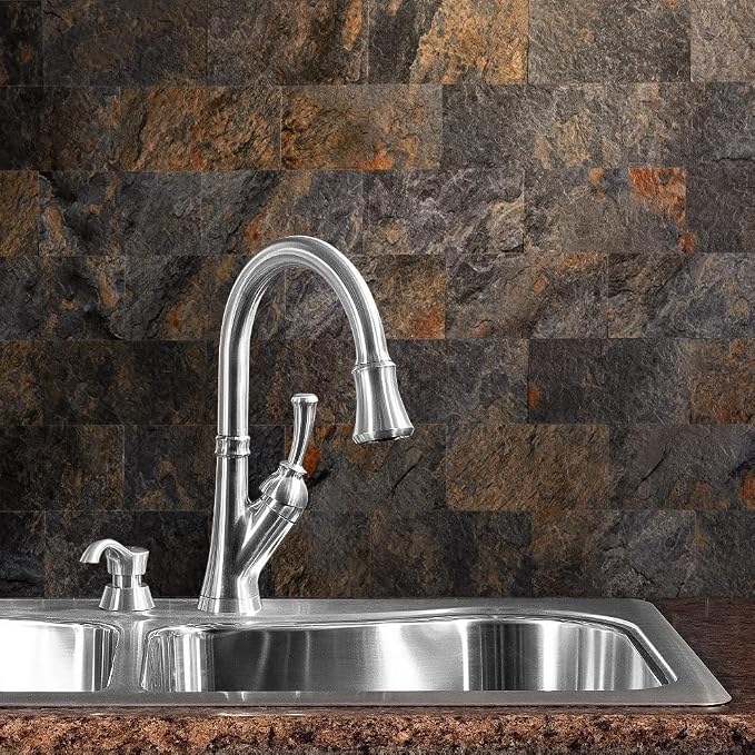 AULIGET 100 Piece Rust Slate Peel and Stick Backsplash Wall Tiles, 3" x 6" PVC Faux Stone Stick on Tiles for Backsplash Kitchen, Bathroom, Laundry Room, Camper, Fireplace - Image 6