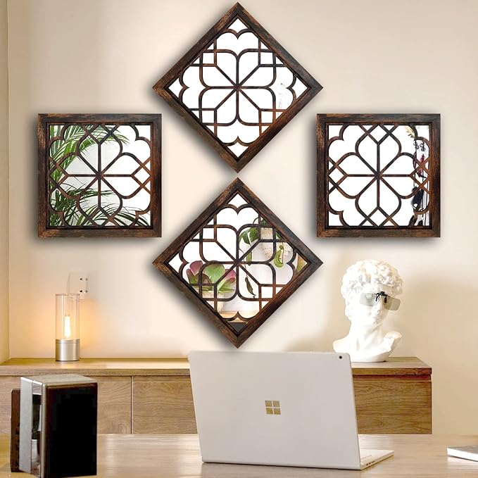 Wocred Set of 4 Mirrors Square Wall Mirror,Gorgeous Rustic Farmhouse Accent Mirror,Caramel Color Entry Mirror for Bathroom Renovation,Bedrooms,Living Rooms and More (12”x12”4pcs) - Image 3