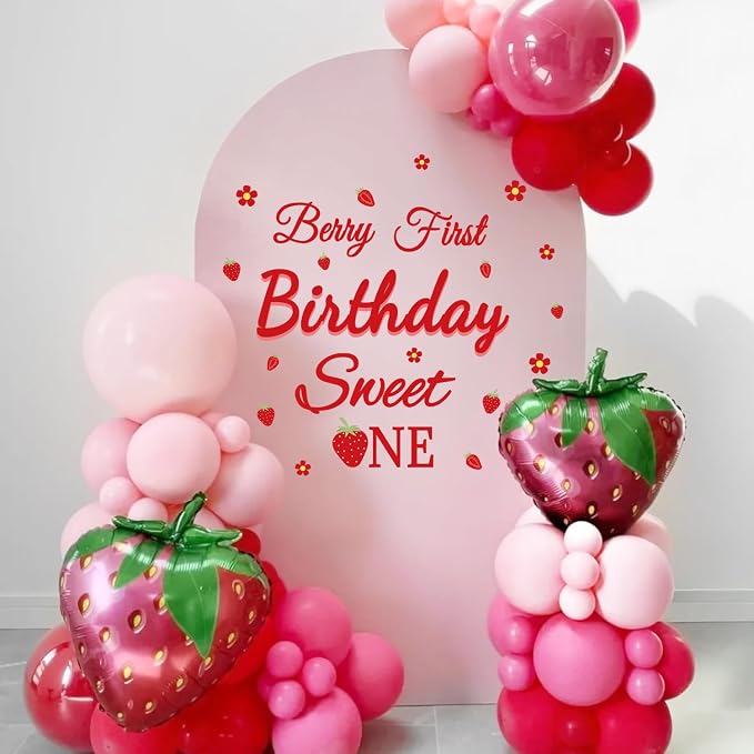 LHIUEM Berry First Birthday Sweet One Decals Baby Girl Sweet Stickers Gift 1st Strawberry Theme Decorations Red Berry Strawberry One First Happy Birthday Party Supplies for Balloon Arch Photo Backdrop - Image 4