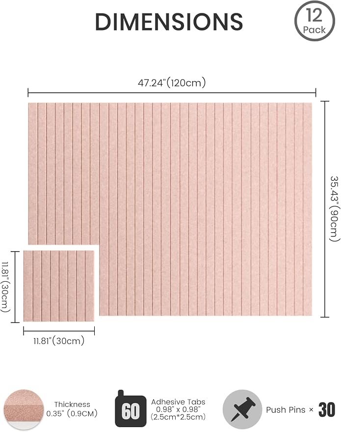 Bumusty 48"x 36" Large Felt Bulletin Board Tiles, Pink | 12-Pack Cork Board Alternative, Wall Decor, 30 Pushpins, 60 Adhesive Tabs, Vision Board, Office, Classroom, Home, Dorm - Image 2