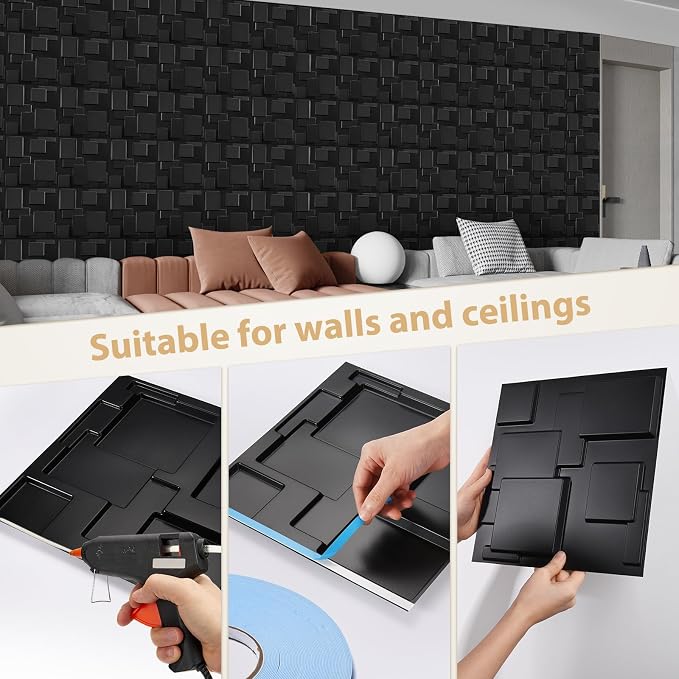 Heikki 30 Pack 3D Wall Panel for Interior Wall Décor, PVC Flower Textured Wall Panels for Living Room Bedroom Hotel Office, 11.8"x11.8", Double-Sided Tape (Black-YJ) - Image 3