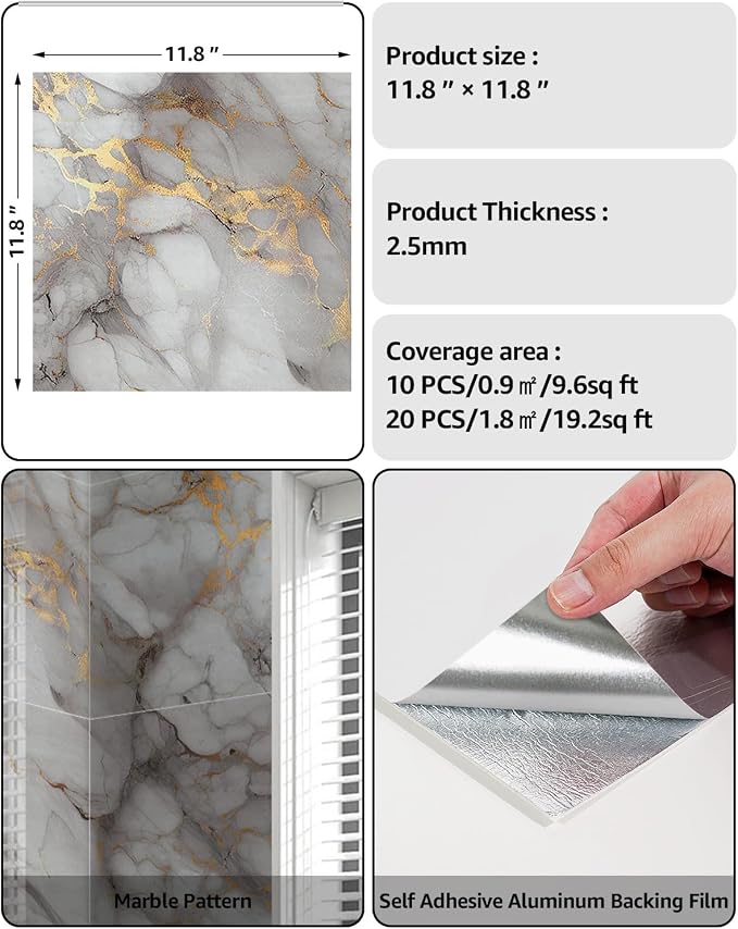 WADILE 20PC Waterproof Peel and Stick Wall Panels 11.8 x 11.8 Gold | Marble look, Self adhesive, PVC Panels, Lightweight Foam Wall Panels, Bathroom, Kitchen, Not Real Tile - Image 2