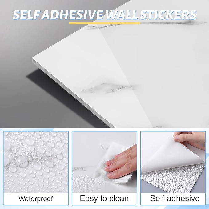 Nuanchu 72 Pcs Peel and Stick Shower Waterproof Tiles Wall Panels 12 x 12 Inch Self Adhesive Backsplash with Ruler Knife & 2 Scrapers for Washroom Bathroom Living Room, Not Real Tile (Carrara White) - Image 3