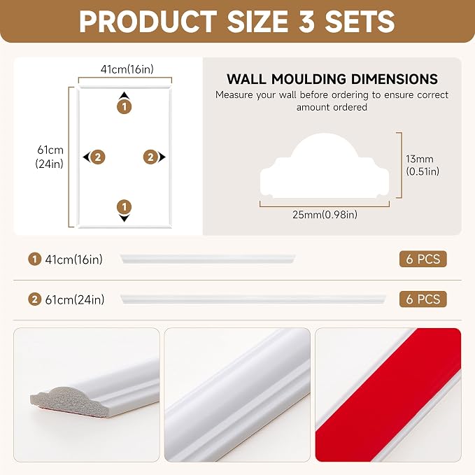 INMOZATA Pre-Cut Peel and Stick Wall Molding Wainscoting Panels, 24" x 16" | Strong Adhesive, Paintable, Easy to install, Ideal for Interior Wall Decor Living Room Bedroom Hallway - Image 5