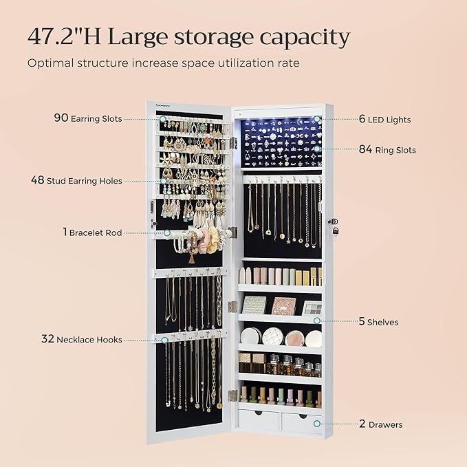 SONGMICS 6 LEDs Mirror Jewelry Cabinet, 47.2-Inch Tall Lockable Wall or Door Mounted Jewelry Armoire Organizer with Mirror, 2 Drawers, 3.9 x 14.6 x 47.2 Inches, White UJJC93W - Image 5