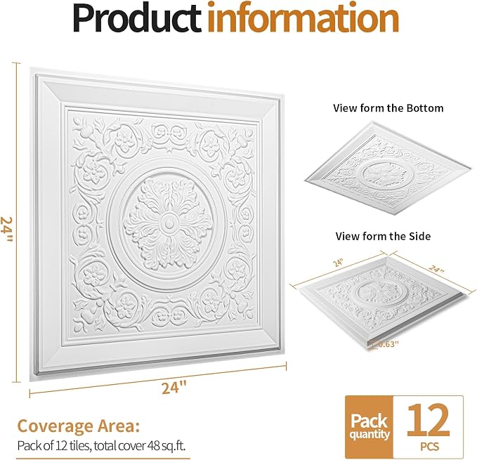 WOWSTAR 12-Pack 24"x24" Drop Ceiling Tiles, Waterproof Glue up Vintage Style 3D Ceiling Tiles, White | PVC ceiling panels, 24"x24", waterproof, glue-up install, basement kitchen bathroom, 12-pack - Image 4