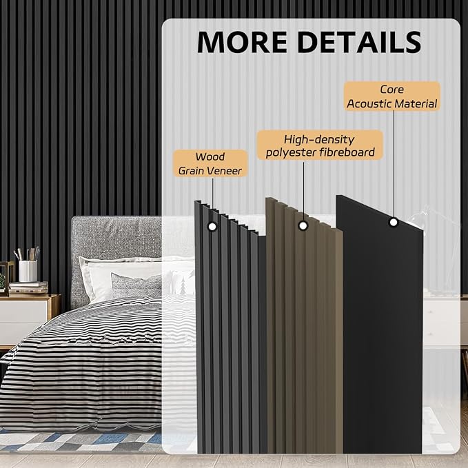 RITOLLO 4 Pack Wood Panels for Wall, 92.5"×12.6" Wood Slat Acoustic Panels for Wall, Soundproof Panels, 3D Fluted Panels for Interior Wall Decor (Black) - Image 3