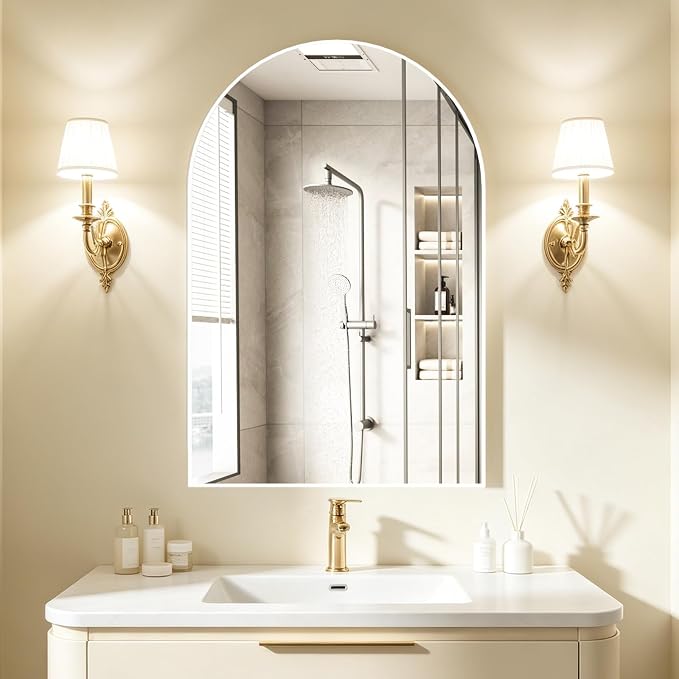 Arched Wall Mirror for Bathroom, 20"x30" Arched Mirror Wall Mounted Mirror with Metal Frame, White Vanity Mirror Decor for Mantle, Bedroom, Entryway, Living Room by NEUWEABY