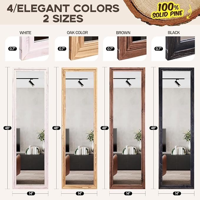 48"x14" Door Mirror, Rustic Full Length Mirror, Over The Door Hanging Mirrors Full Length, Wooden Hanging Mirrors for Bedroom, Bathroom, Brown - Image 2