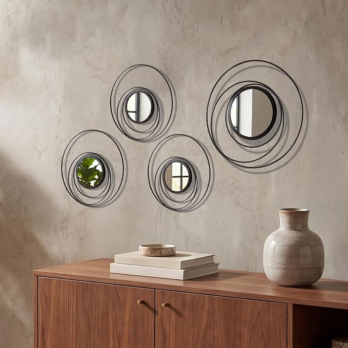 4 Piece Gold Round Wall Mirror Set Modern Metal Circles for Home Decor by sxnzequnze