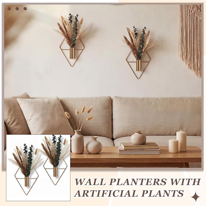 Jexine 8 Pcs Hanging Artificial Planters Wall Decor, Antique Copper, Pampas | Bathroom Wall Decor, Geometric Metal Vase, Indoor Plants, Living Room, Home Office, Entryway, Boho Accent, Wall Mounted - Image 6