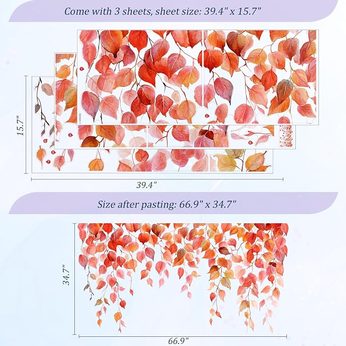 Autumn Leaves Wall Decals Peel and Stick, Large Leaves Vines Vinyl Wall Stickers, Removable Vine Home Decor Art for Bedroom Living Room Classroom Office - Image 2