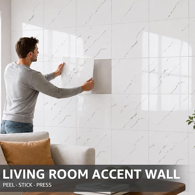 WADILE 20PC Peel and Stick Waterproof Wall Panels 11.8 x 11.8 White | Marble look, Self adhesive, PVC Panels, Lightweight Foam Wall Panels, Bathroom, Kitchen, Not Real Tile - Image 8