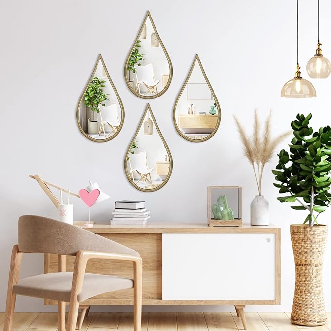 BAODANFU Decorative Mirrors Wall Mounted Mirror Teardrop Shape Metal Frame for Bedroom Living Dining Room Entryway Bathroom Vanity (Rusty Vintage Gold, 4-Pack) by BAODANFU