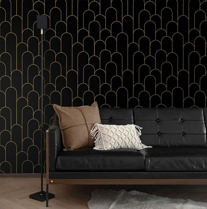 Yasinet Peel and Stick Wallpaper Black and Gold Wallpaper Modern Geometric Contact Paper for Bedroom Black Removable Self Adhesive Waterproof Wall Paper for Bathroom cabinets Vinyl 17.3”x393.7” - Image 2