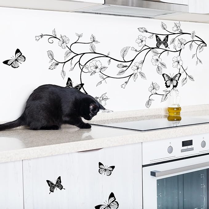 2 Sheets Black Flower Vine Wall Decals Peel and Stick Removable Butterfly Wall Stickers & Murals Vinyl Floral Simplicity Wall Stickers Decor for Bathroom Living Room Kitchen Landry Shower Door Art - Image 3