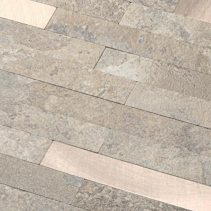 Yipscazo 20 Sheets Peel and Stick Stone Metal Tile Backsplash, Stick on Tiles for Backsplash Kitchen, Bathroom, Laundry Room, Camper, Fireplace (12'' X 12'', Beige Stone with Gold Metal) - Image 2