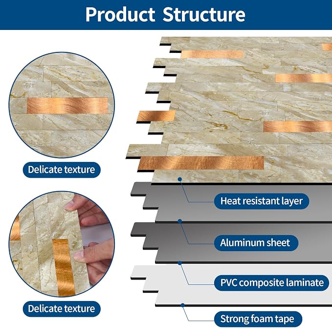 Yipscazo 10 Sheets Peel and Stick Stone Metal Tile Backsplash, Stick on Tiles for Backsplash Kitchen, Bathroom, Laundry Room, Camper, Fireplace (12'' X 12'', Polished Beige) - Image 6