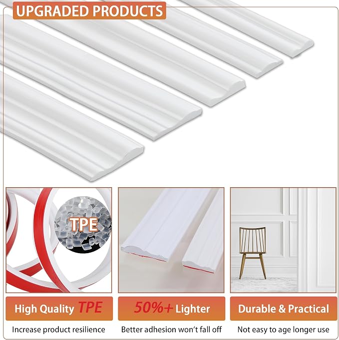 QDYMXUN Peel and Stick Chair Rail Panel Molding, 240''L x 1.57''W Strong Self Adhesive TPE Wall Moulding Trim for Home DIY Decoration (Paintable White) - Image 4