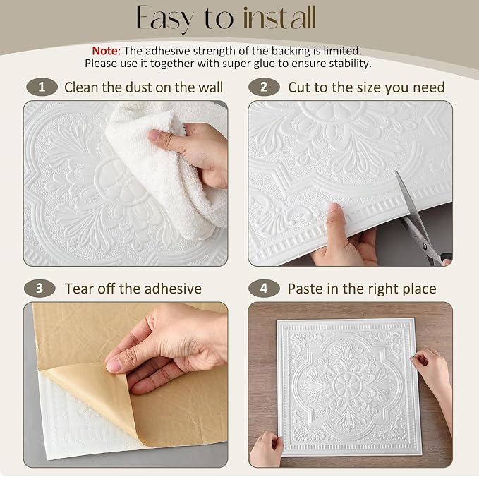 Nuanchu 80 Pcs 13.8 x 13.8 Inch Ceiling Tiles Peel and Stick, Exquisite | Foam White 3D Wall Panels 26-105.5 Sq. ft Adhesive Glue up Waterproof Wallpaper for DIY Office Home - Image 3