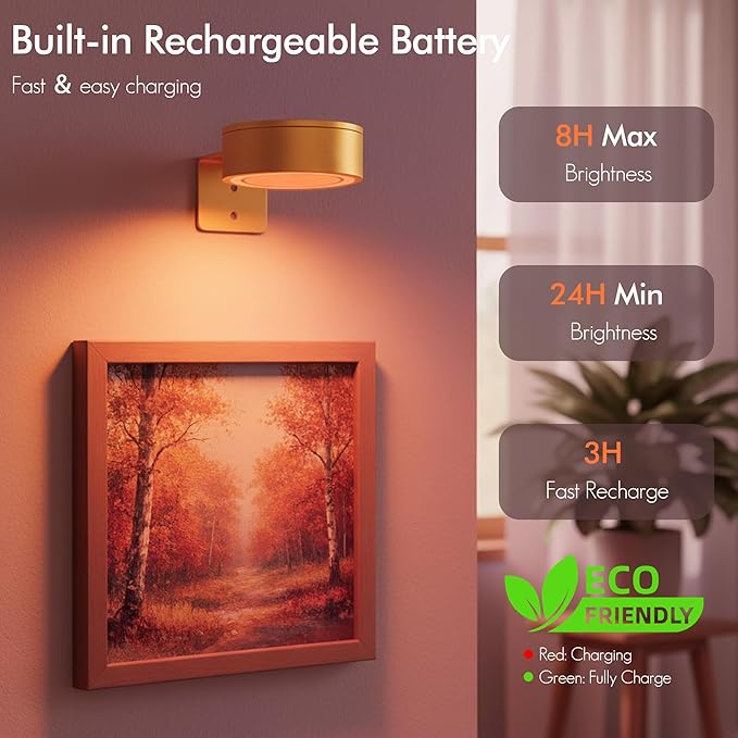 Picture Lights for Wall, Rechargeable Battery Wireless Poster Lights, Gold | LED Magnetic Painting Light with Remote Dimmable, Timer＆13 RGB Colors, Wall Decor Puck Light for Frame Art Display, 3 Pack - Image 6