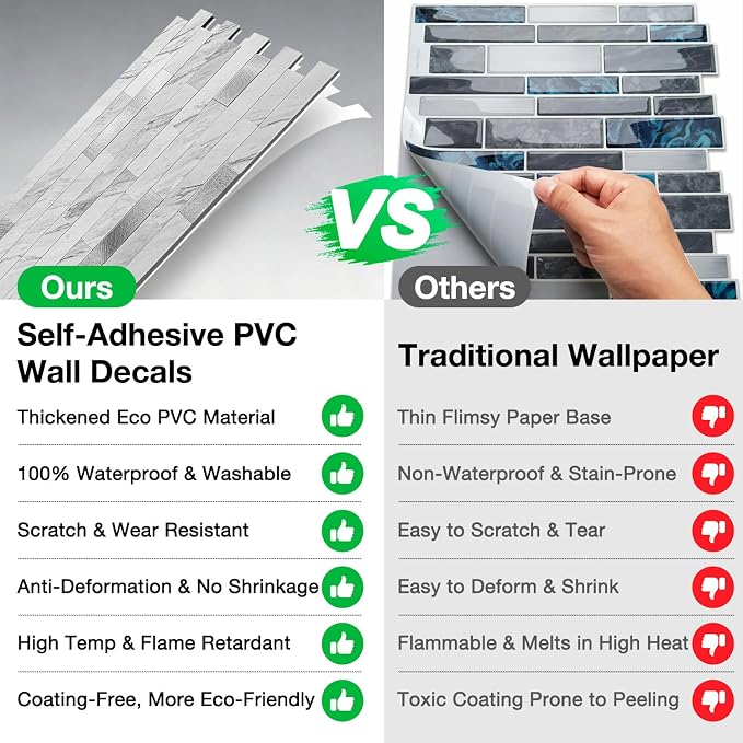 Peel and Stick Backsplash Tile Waterproof Removable PVC Wall Sticker 3D Faux Stone Marble Brick White Accent Panels (White Marble - Metal Silver, 20 Tiles - 9 sq. ft. (0.84 M²)) - Image 2