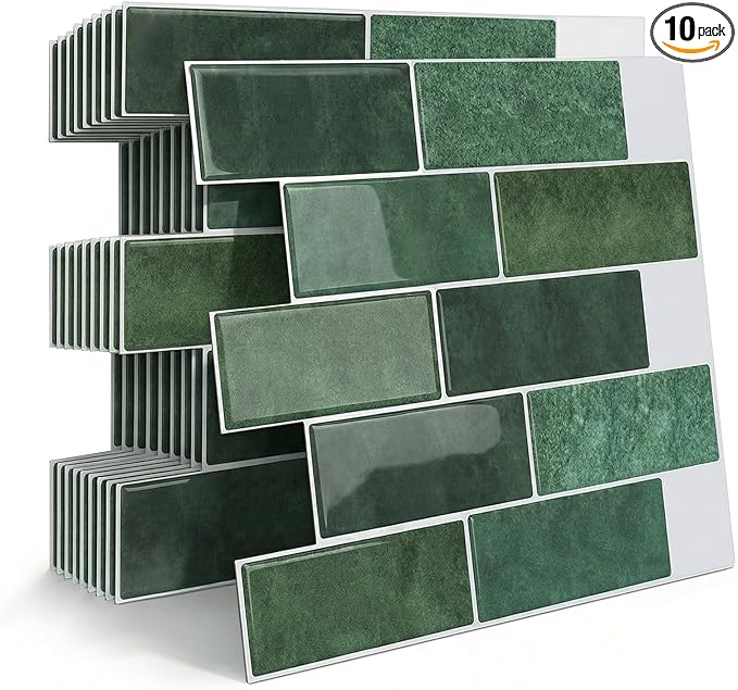 Arttown Peel and Stick 3D Wall Backsplash, 10-Sheet, 12" × 12" Green | Subway Tile Self Adhesive Thicker Design Wall Tiles Panel Wallpaper for Bathroom Balcony Kitchen by Arttown