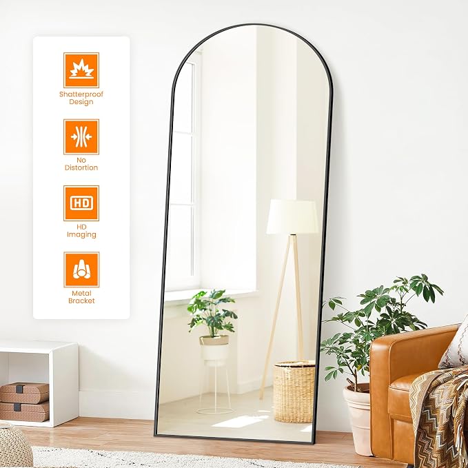 Arched Full Length Mirror, 70"x24" Standing Body Mirror for Wall, Black - Image 2