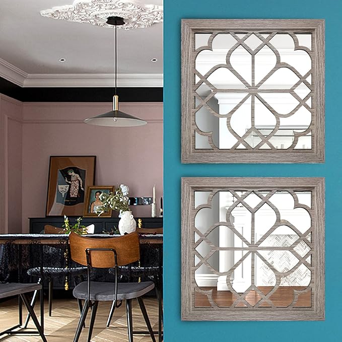 Wocred Set of 2 Farmhouse Square True Mirrors,Vintage Style Barn Wood Wall Decor, Accent Mirrors for Bathroom Renovation,Bedrooms,Living Rooms (12”x12”) - Image 3