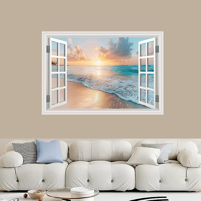 Fake Window Wall Mural Sunset Beach Scene, 24" x 16" | Faux Window Wall Sticker, Peel and Stick, For Office Home Room Decor, Art Poster - Image 3