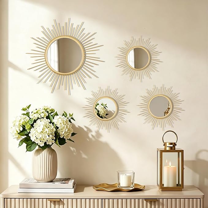 4 Pieces Gold Sunburst Wall Mirror Set Modern Metal Circles for Home Decor - Image 5